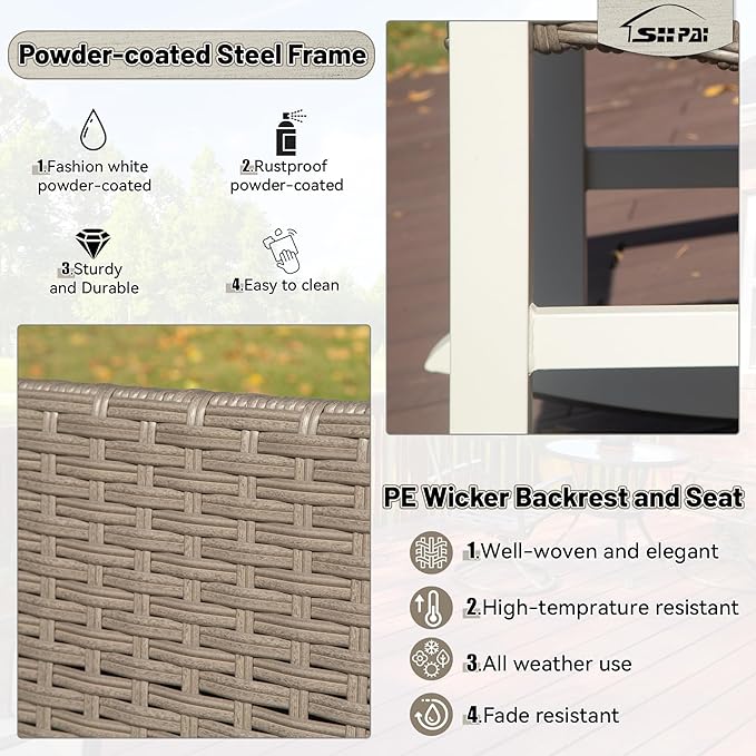 Outdoor Wicker Rocking Chairs Set of 3, 2 Chairs Made of Metal & Rattan + 1 All Metal Table, Oversized Patio Rocker with High Back for Adults, All-Weather Outside Furniture, White & Brown