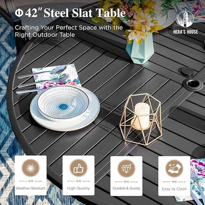HERA'S HOUSE 42" Round Patio Table with Umbrella Hole, Outdoor Dining Table for 4, Black Metal Table for Deck Lawn Garden Backyard