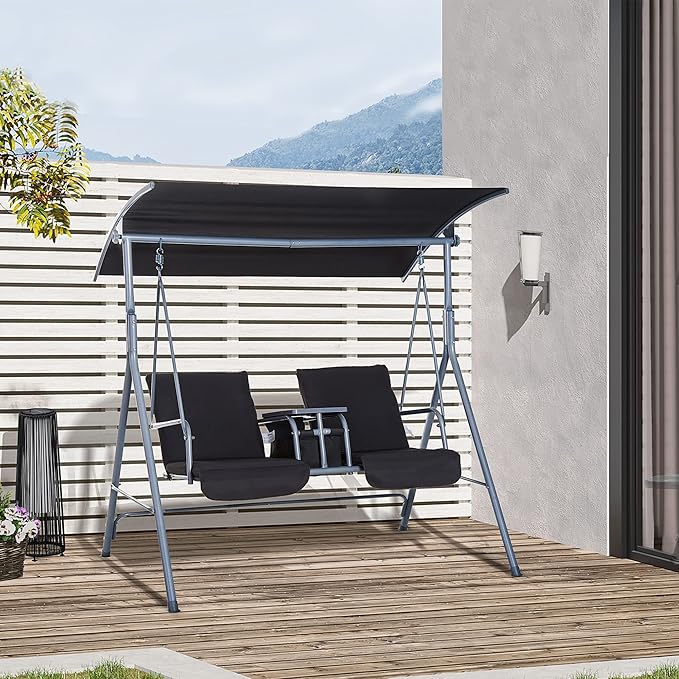 Outsunny 2 Person Porch Swing with Stand, Outdoor Swing with Canopy, Pivot Storage Table, 2 Cup Holders - Photo 2