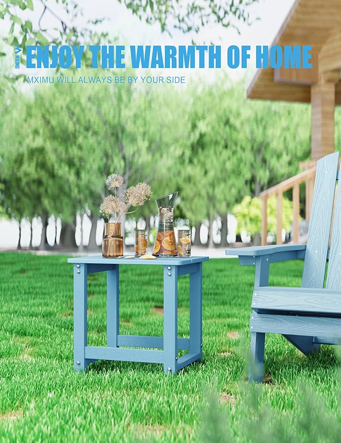 MXIMU Outdoor Side Table for Patio: 16" HIPS Weatherproof Adirondack Table Set of 2 - Small End Tables for Outside Porch Deck Pool Balcony Backyard - Easy Assembly No Maintenance Blue