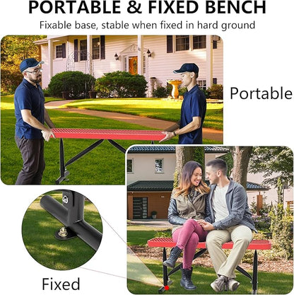 4 Ft Metal Park Benches for Outside, Outdoor Backless Bench with Thermoplastic Coating, Portable Frame, Commercial Expanded Metal Mesh Bench for Shopping Mall, Store, Park, Patio, Deck, Red