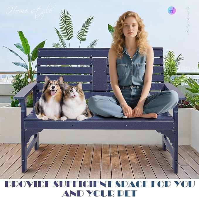 HDPE Outdoor Bench with Cup Holders, All Weather Garden Bench Suitable for 2-3 Person, Patio Benches Furniture with High Backrest and Wide Armrests for Front Porch, Garden, Backyard and Park, Blue