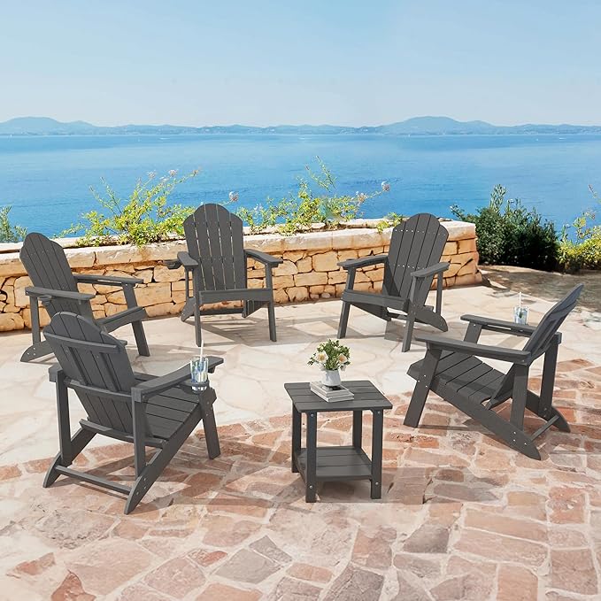 Matte HDPE Adirondack Chairs Set of 2, Weather Resistant Outdoor Seating with Hidden Cup Holder for Porch, Urban Patio, Deck & Fire Pit, Dark Gray