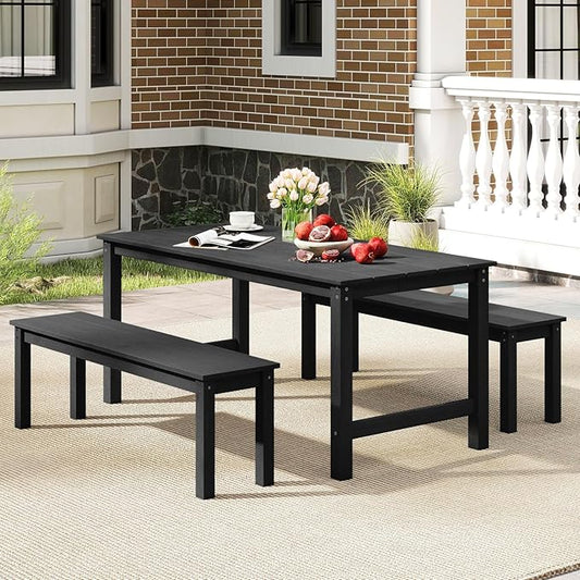 Tangkula HDPE Outdoor Bench, 2-3 Person Patio Bench, 55" Backless Garden Dining Bench with Slatted Seat, Weatherproof Park Bench for Entryway, Porch, Lawn & Backyard (Black,2)