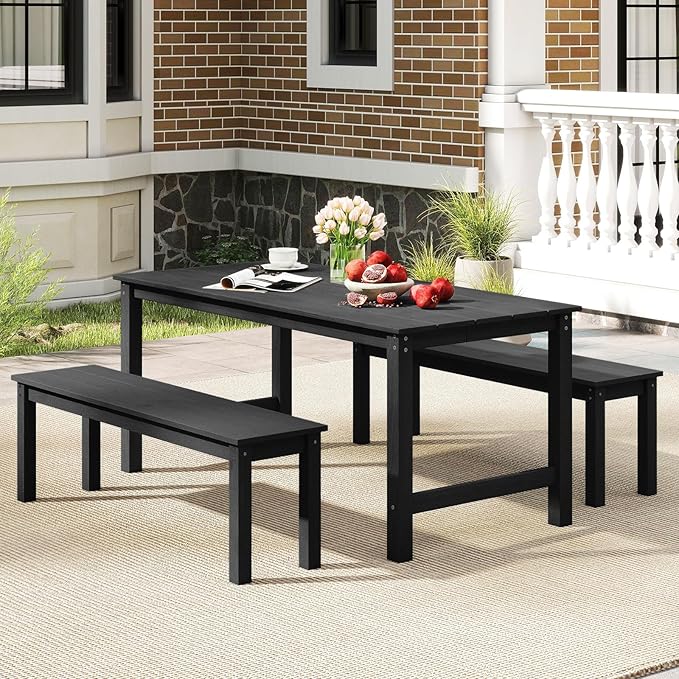 Tangkula HDPE Outdoor Bench, 2-3 Person Patio Bench, 55" Backless Garden Dining Bench with Slatted Seat, Weatherproof Park Bench for Entryway, Porch, Lawn & Backyard (Black,1)