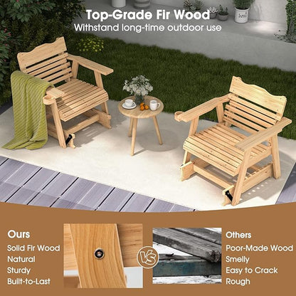 Outdoor Rocking Chair, Patio Glider Chair with Ergonomic Curved Seat & Wide Armrest, Indoor Fir Wood Rocker with Hidden Cup Holder for Patio Balcony Backyard Porch Poolside, Natural
