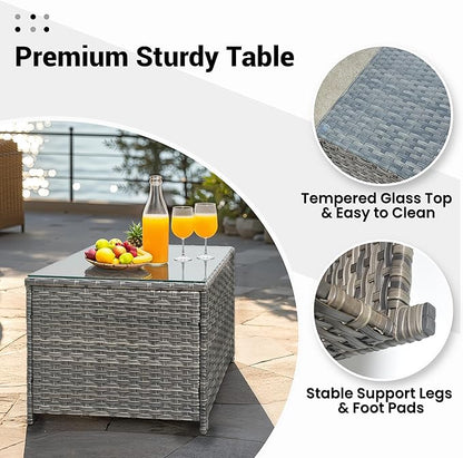 ovios Outdoor Side Table with Tempered Glass Top, Patio Wicker Rattan Coffee End Tables for All-Weather Porch Deck Balcony Garden Poolside (Grey-Medium Size)