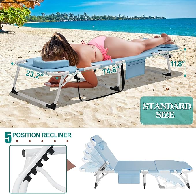 DoCred 3 in 1 Sun Tanning Chair with Face Arm Hole, Heavy Duty Folding Chaise Lounge Chairs - Photo 4