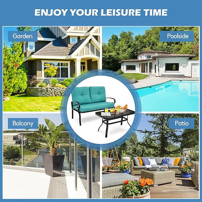 RELAX4LIFE Patio Loveseat with Coffee Table - 2-Piece Patio Conversation Sofa Set w/Backrest & Cushions, Modern Outdoor Glider Bench for Garden, Backyard, Poolside, Metal Porch Furniture (Turquoise)
