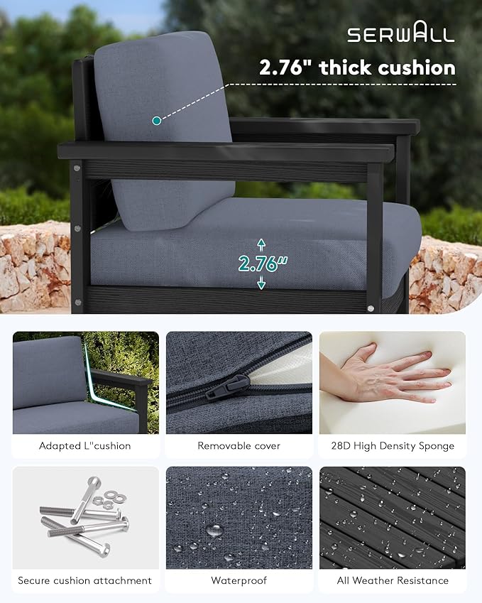 SERWALL 2 Pieces Single Cushioned Lounge Chair, Black HDPE Outdoor Adirondack Sofa Armchair with Grey Cushion - Photo 3