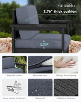 SERWALL 2 Pieces Single Cushioned Lounge Chair, Black HDPE Outdoor Adirondack Sofa Armchair with Grey Cushion - Photo 3