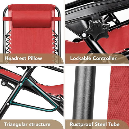 Devoko Patio Zero Gravity Chair Outdoor Folding Adjustable Reclining Chairs Pool Side Using Lawn Lounge Chair with Pillow Set of 2 (Red)
