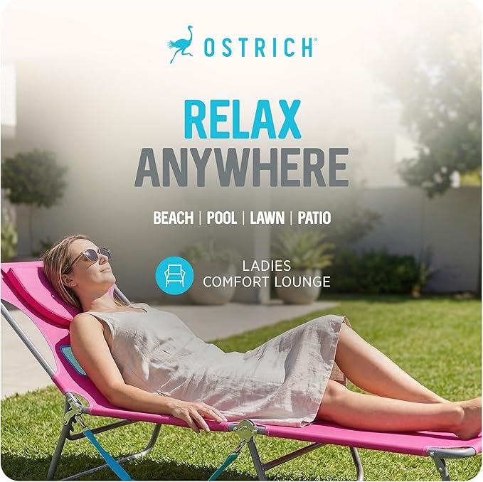 Ostrich the Ladies Comfort Lounger with Chest Support, Foldable and Portable Reclining Outdoor Patio Beach Lawn Camping Pool Tanning Chair, Pink