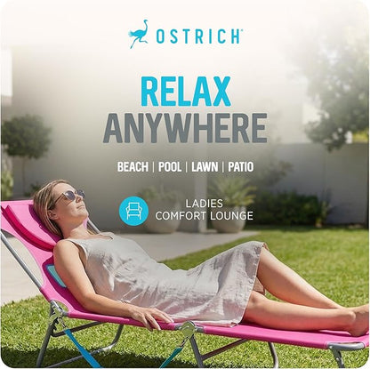 Ostrich the Ladies Comfort Lounger with Chest Support, Foldable and Portable Reclining Outdoor Patio Beach Lawn Camping Pool Tanning Chair, Pink