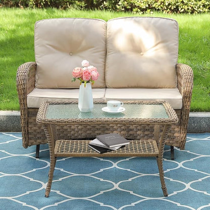 VIVIJASON Outdoor Wicker Coffee Table, All-Weather Rattan Patio Coffee Table with 2-Tier Storage, Tempered Glass Top Rectangle Center Table for Deck, Garden, Balcony, Porch, Indoor or Outdoor Use