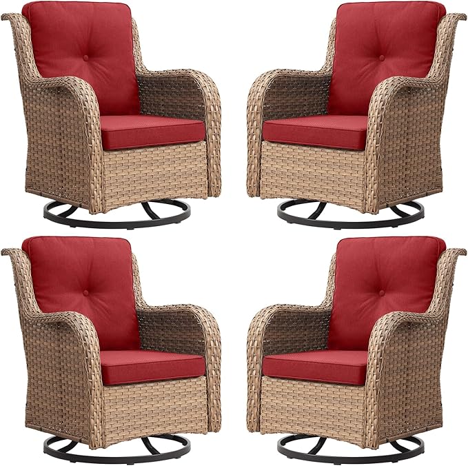 Rilyson Patio Chairs Wicker Outdoor Chair - 4 Piece Rattan Swivel Rocking Chairs Set Patio Glider Rocker Chair for Porch Deck Garden Backyard(Yellow/Red)