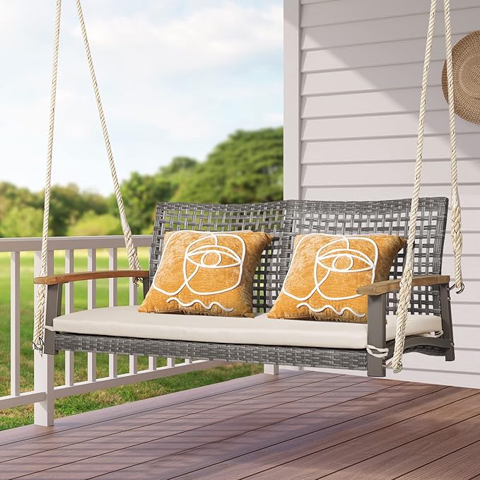 RELAX4LIFE 2-Seater Outdoor Porch Swing - Patio PE Rattan Hanging Swing Bench with Seat Cushion and Strong Hanging Ropes - Photo 2
