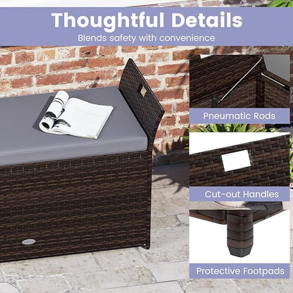 Tangkula 68 Gallon Outdoor Wicker Storage Bench, Patio Storage Box with Hand-Woven PE Rattan, Cushion & Side Handles, Outdoor Deck Box for Poolside, Backyard, Garden (Gray)