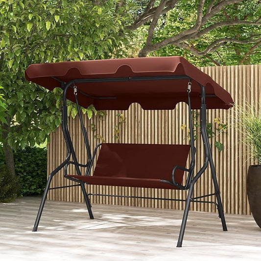 RELAX4LIFE 3-Person Porch Swing Chair - Outdoor Swing w/Adjustable Canopy, Removable Cushion & Metal Frame Stand, 3 Seat Swing Bench for Backyard Garden Poolside, Patio Swing for Adults (Brown)