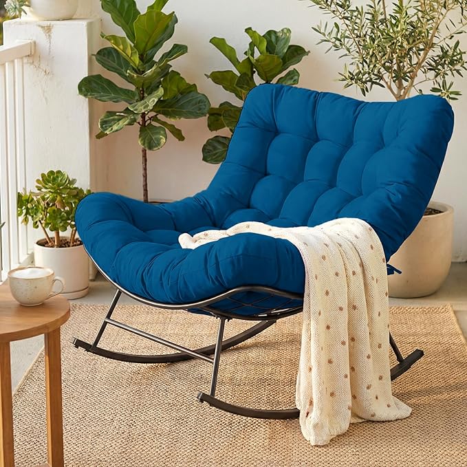 Cushioned Papasan Rocking Chair for Outdoor Indoor, Oversized Outdoor Rocking Chair with Cushion, Egg Rocker for Patio, Porch, Balcony, Lawn, Bedroom, Living Room, Navy Blue