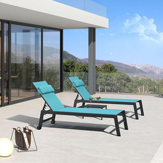 PURPLE LEAF Outdoor Lounge Chair Set Patio Chaise Pool Lounger Aluminum Frame with 2 Side Table and Wheels for Outside Sunbathing Tanning Recliner Including Pillows Turquoise Blue