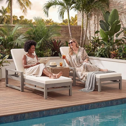 Outdoor Chaise Lounge Chair Set of 3, Patio Chaise Lounge Recliner with Adjustable Backrest, Acacia Wood Poolside Chaise Lounge with Thick All-Weather Cushions for Patio, Deck and Backyard(B)