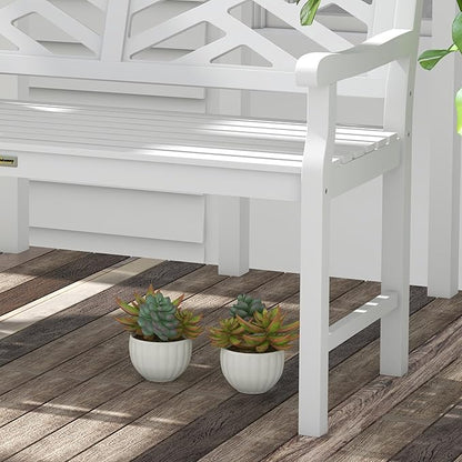 Outsunny Outdoor Garden Bench, Wooden Frame Patio Bench with Geometric Pattern, 43.25 Inch Weatherproof 2-Person Love Seat for Garden, Lawn, Porch, Yard, Work Entryway, White
