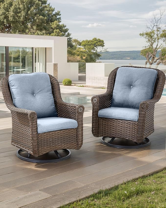 Patio Chairs Outdoor Swivel Glider - Set of 2 High Back Outside Brown Wicker Rattan Rocking Chair with Thick Cushion - Photo 2