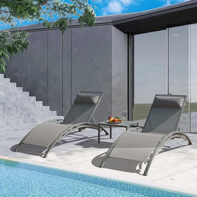 Domi Outdoor Chaise Lounge Set of 3 Patio Recliner Chairs with Adjustable Backrest and Removable Pillow for - Photo 8