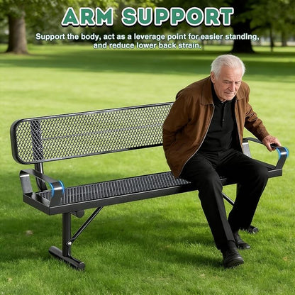 6Ft Outdoor Bench with Armrests & Back Portable Frame, Outdoor Steel Park Bench with Backrest, Expanded Metal Mesh Bench for Outside, Lawn, Backyard, Park, Deck, Garden, Patio, Porch, Black