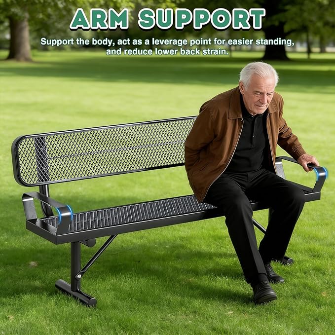 Heavy Duty Park Bench for Outside, Metal Park Bench with Back Portable Frame, Outdoor Steel Mesh Garden Bench with Backrest for Garden, Lawn, Patio, Porch, Park, Yard (Black/ With Armrest, 6FT/73INCH)