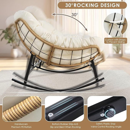 RADIATA Double Egg Rocking Chair for 2, Oversized Rattan Recliner Loveseat with Padded Cushion, Heavy Duty Comfy Large Papasan Rocker for Reading Outdoor Patio Balcony Backyard Indoor, Beige