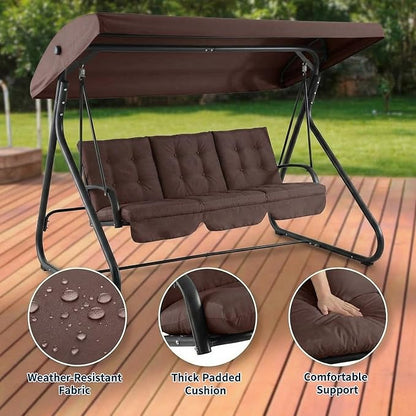 3-Seat Outdoor Convertible Swing Glider with Adjustable Canopy, 2-in-1 Bench to Flat Bed, Removable Cushions, Heavy-Duty Metal Frame, 750 LBS Weight Capacity for Patio, Backyard, Porch, Garden, Brown