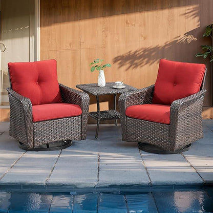 Rilyson Outdoor Patio Swivel Rocker Chairs - 6 PC Wicker Patio Bistro Sets with High Back,Comfy Cushions,Deep Seating and Side Table for Porch Deck Backyard Garden(Brown/Red)