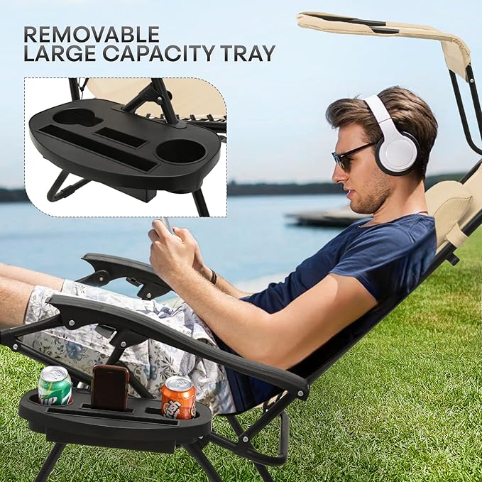 Athena Collection Folding Zero Gravity Chair with Canopy, Adjustable Lounge Chair Recliner, Outdoor Lawn Chair Camping Chairs Beach Chaise Chairs with Headrest & Cup Holder for Patio Pool, Cream
