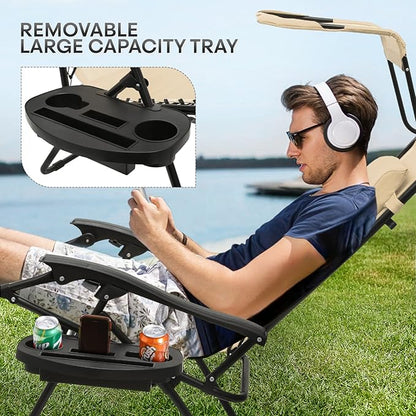 Athena Collection Folding Zero Gravity Chair with Canopy, Adjustable Lounge Chair Recliner, Outdoor Lawn Chair Camping Chairs Beach Chaise Chairs with Headrest & Cup Holder for Patio Pool, Cream