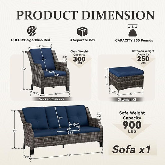 Patio Furniture Set 5 Pieces, Outdoor Wicker Furniture with Coffee Table and Side Table, Modern Rattan Patio Chairs Conversation Sets with Sofa for Garden, Terrace, Porch, Balconies, Lawns