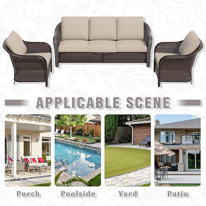 3 Piece Patio Wicker Conversation Set, All-Weather Use Outdoor Wicker Sofa with 2 PE Rattan Chair, Ideal for Porch, Backyard, Balcony, Poolside, Beige