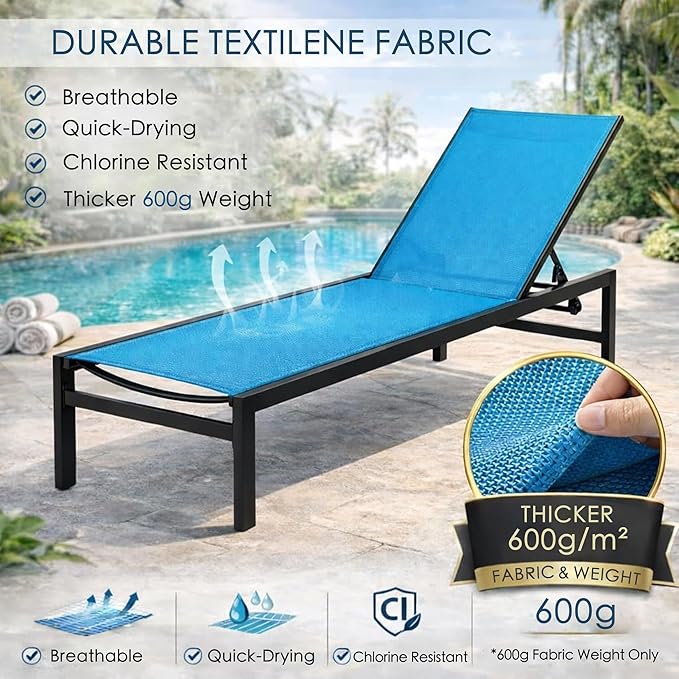 Kozyard 2-Pack Outdoor Chaise Lounge, Aluminum Frame and Textilene Fabric, Adjustable Reclining Patio Lounger for Poolside, Sunbathing & Backyard (Blue)