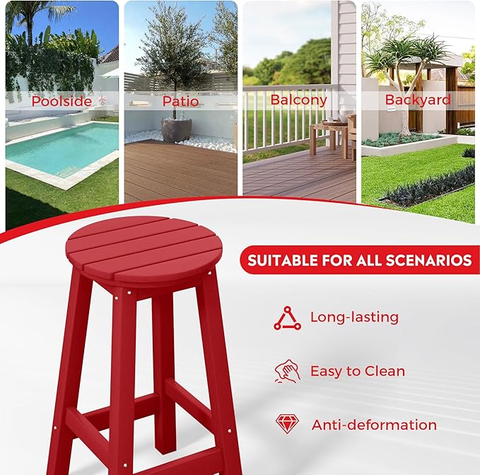 Costaelm 24" Height Outdoor Bar Stools, All-Weather Bar Stools, Adirondack Poly Patio Round Bar Stool for Patio, Deck, Kitchen Counter and Garden, Red