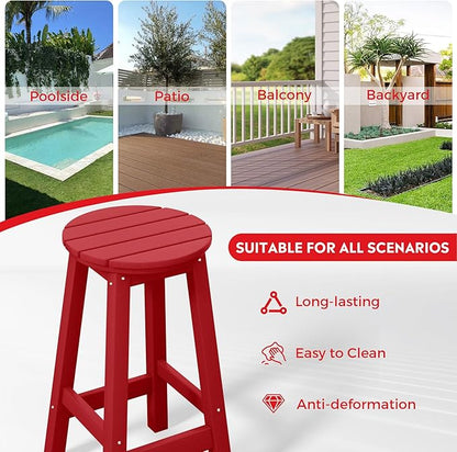 Costaelm 24" Height Outdoor Bar Stools, All-Weather Bar Stools, Adirondack Poly Patio Round Bar Stool for Patio, Deck, Kitchen Counter and Garden, Red