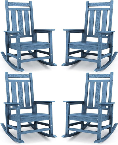 KINGYES Oversized Outdoor Rocking Chair Set of 4, All-Weather Patio Rocking Chairs for Porch, HDPE Outdoor Patio Rockers with High Back & Wide Seat for Garden, Lawn, Blue
