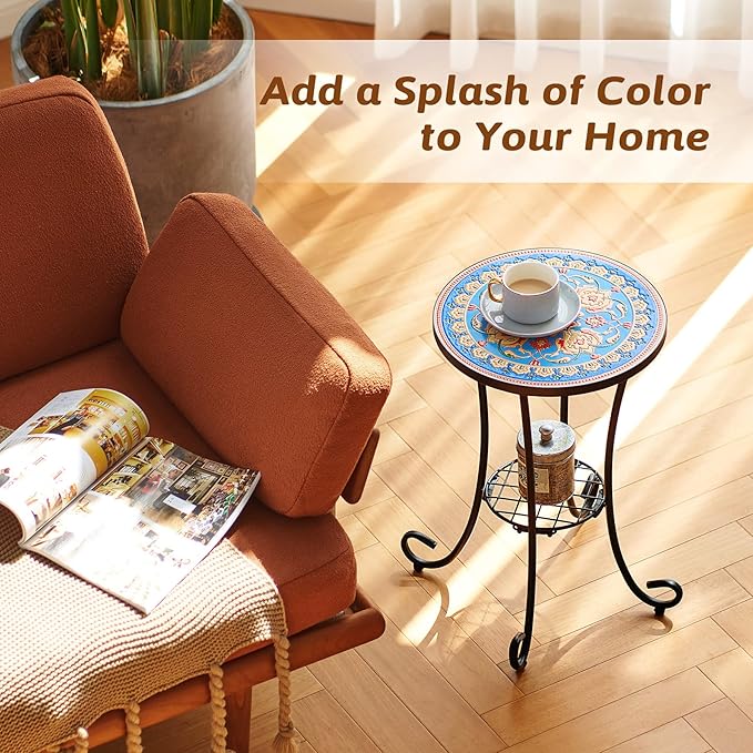VONLUCE Patio Side Table and Plant Stand, 21" End Table with 14" Ceramic Tile Top for Porch Garden Decor, Indoor & Outdoor Accent Table, Living Room Bedroom Balcony Furniture for Home Garden, Faberge