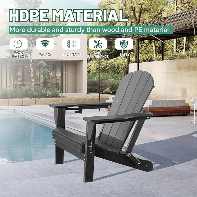 Adirondack Chair, Plastic Adirondack Chairs, HDPE Adirondack Chair, Folding Adirondack Chairs,Outdoor Chairs with Cup Holder for Lawn Patio Deck Fire Pit -Grey