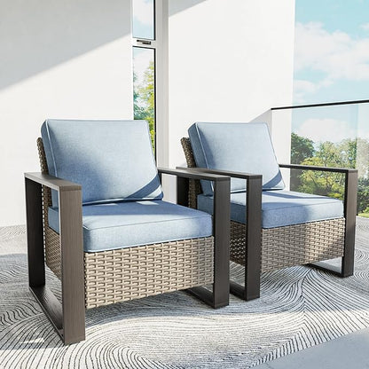 Patio Chairs Set of 2, Outdoor Wicker Chair Metal Patio Furniture with Deep Seating, Thicken Cushions for Deck, Porch, Yard Use (Azure, 2 PCS/Chairs)
