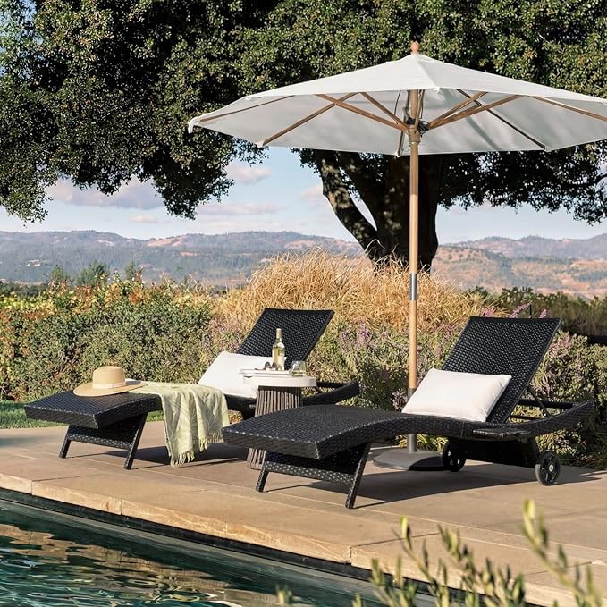 Set of 2 Outdoor Chaise Lounge Chairs with Wheels, Pull-Out Side Table, 5-Position Adjustable Backrest - Photo 4