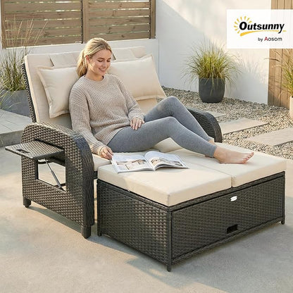 Outsunny Patio Rattan Daybed, Wicker Outdoor Daybed with Storage Ottoman, Loveseat Sofa with Adjustable Backrest, Side Tables, Cushions, Headrests, Double Sunbed Lounger for Balcony, Beige