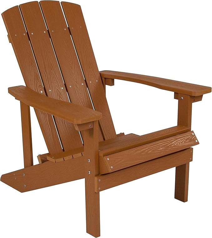 Pemberly Row Contemporary Faux Wood Adirondack Chair, Teak Finish, Weather-Resistant Polystyrene, UV Treated, 35" H x 29.5" W x 33.5" D, Outdoor Patio Chair, Rustic Relaxation Furniture