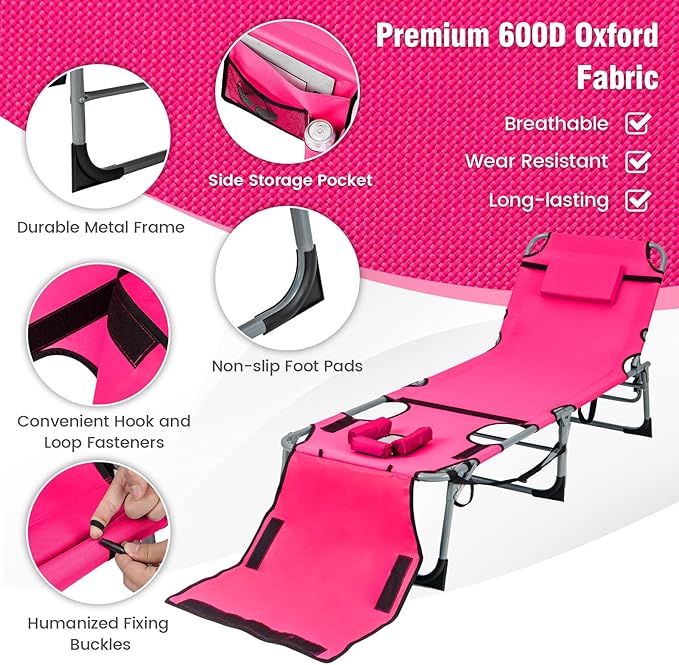 Tangkula Tanning Chair, Outdoor Folding Beach Lounge Chair with Face Hole, Adjustable Footrest, Removable Pillow - Photo 6