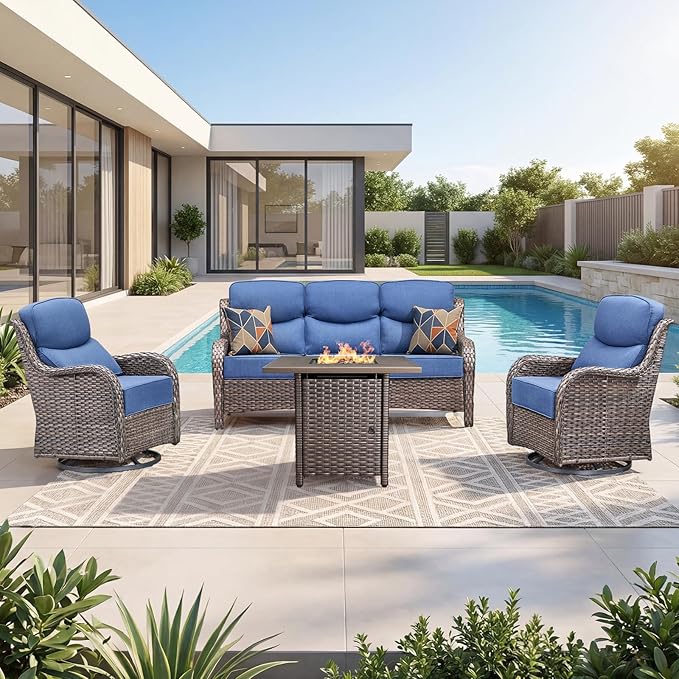 Luxury Patio Furniture Set with 6-inch Thick Cushion, Outdoor Furniture with Fire Pit Table, Swivel Chairs, Sofa - Photo 5
